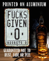 Fucks Given Zero Regrets Zero - Metal Sign